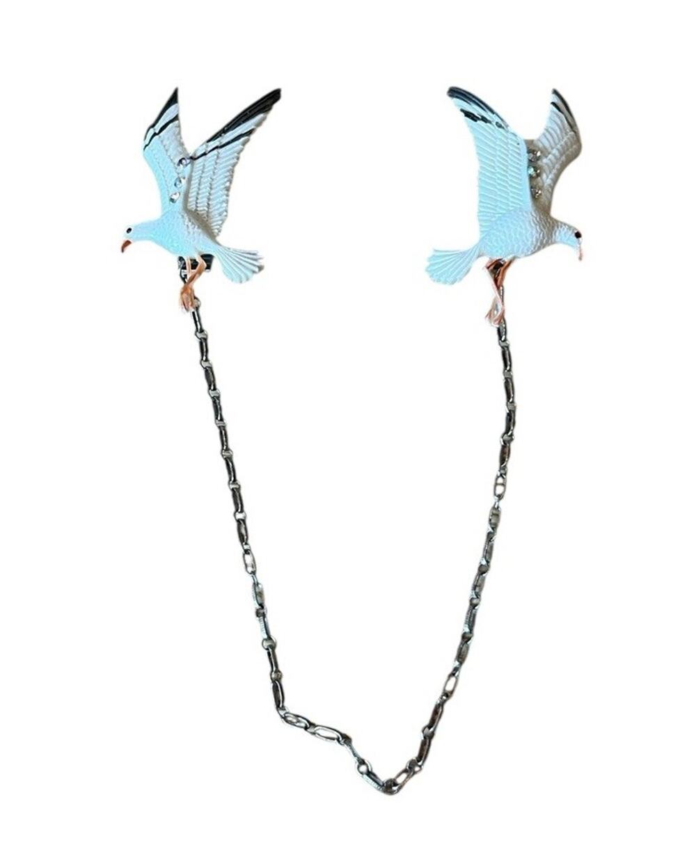Seagulls Collar Chain Shirt Clip Sweater Decoration Celluloid Rhinestones VTG
